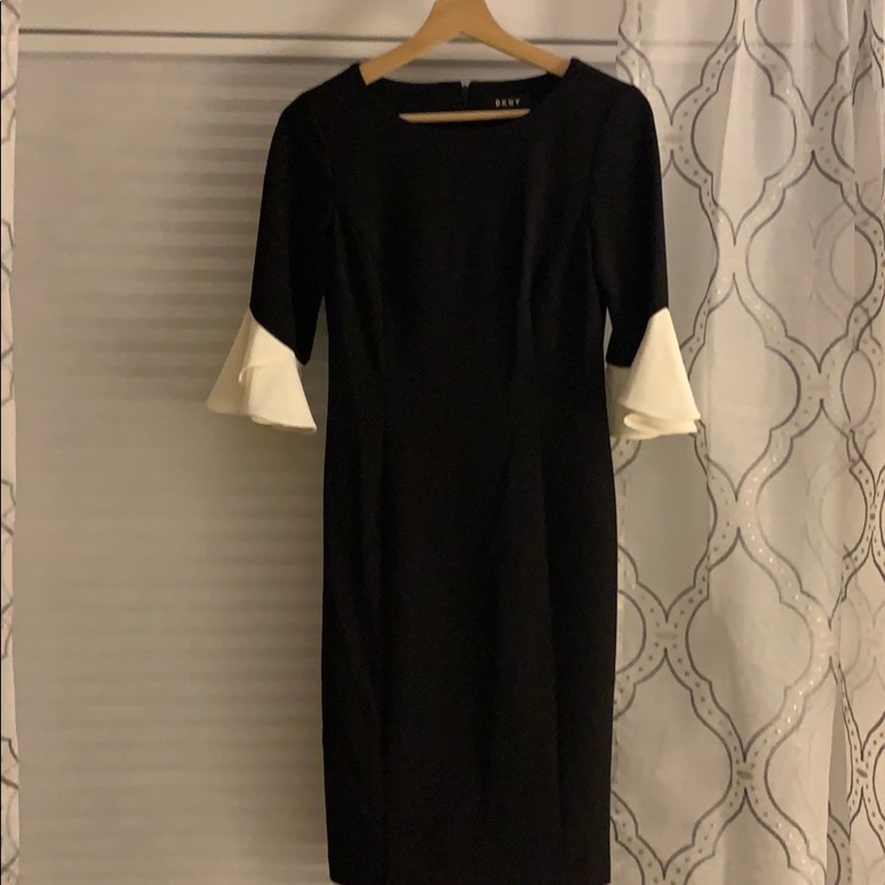 DKNY black knee-length dress with ruffle sleeves
